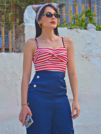 Dark Blue 1930s Spaghetti Strap Stripes Jumpsuit