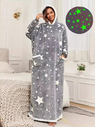 Gray 1970s Glow-In-Dark Star-Print Hooded Fleece Robe