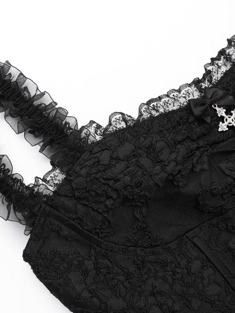 Black 1950s Square Neck Lace Print Cross Bubble Dress