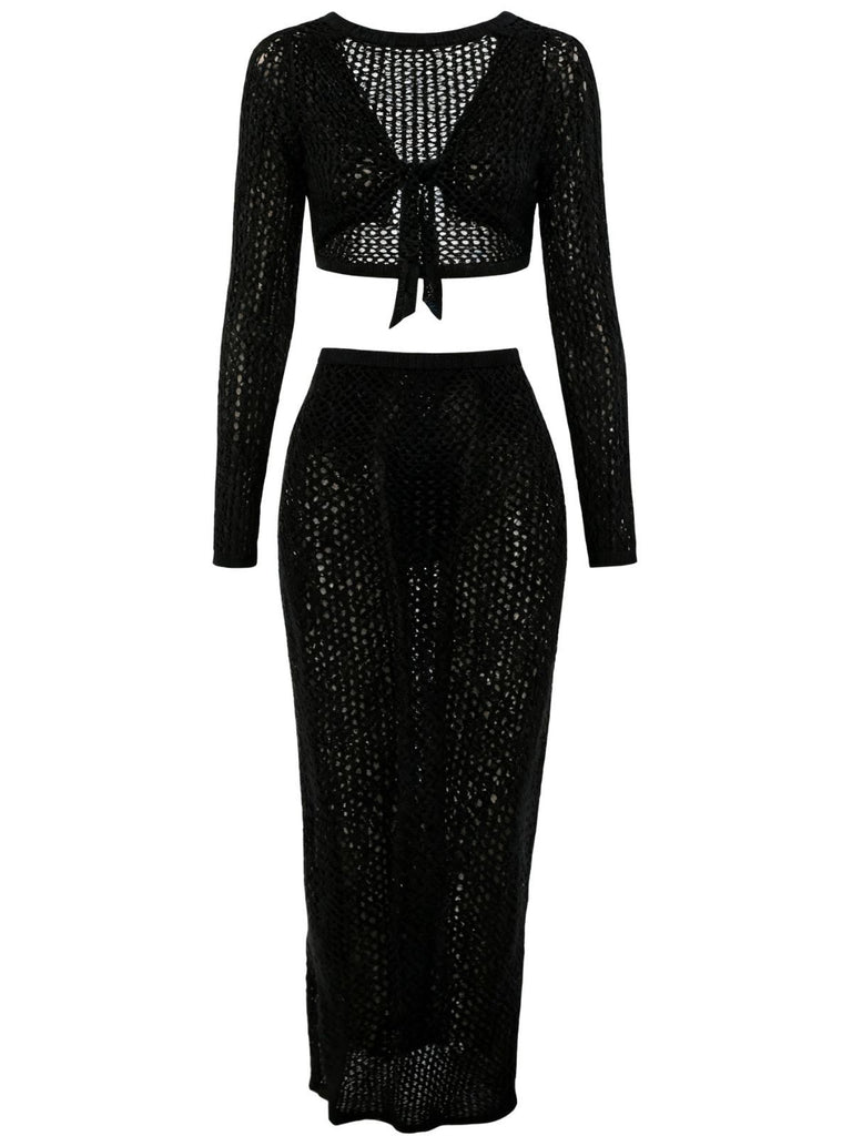 2PCS Green 1960s Crochet Long Sleeve Beach Cover-Up Set