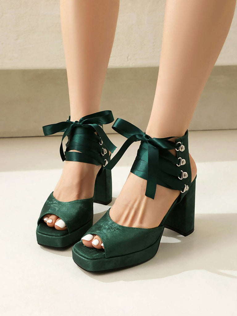 Ribbon Bow Lace-Up Chunky Heel Sandals