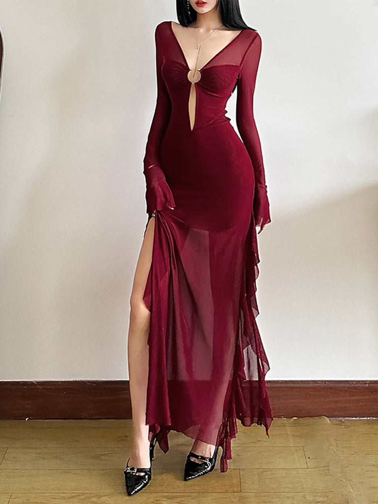 Wine Red 1970s Sheer Mesh Ruffle Maxi Dress