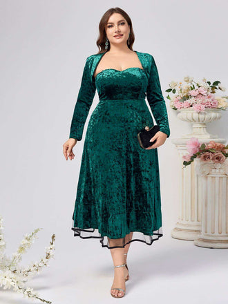[Plus Size] 2PCS Green 1940s Velvet Sweetheart Mesh Dress & Coat