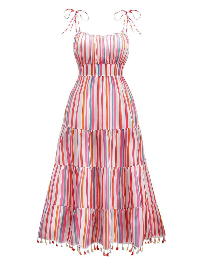 1970s Spaghetti Strap Rainbow Stripes Tiered Dress