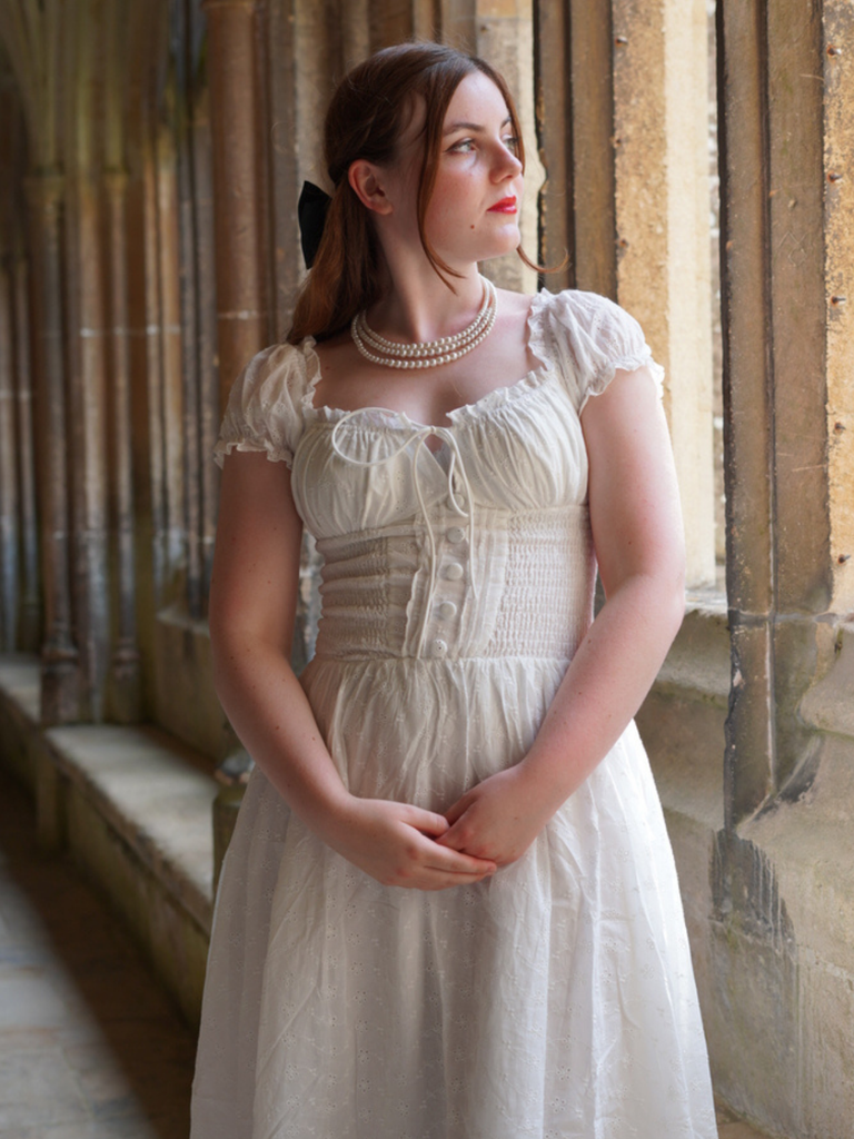 White 1940s Solid Cotton Embroidered Lace Dress