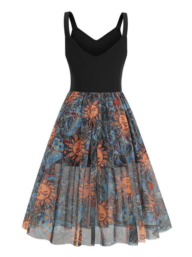 Black 1950s Sun Face Print Sleeveless A-line Dress