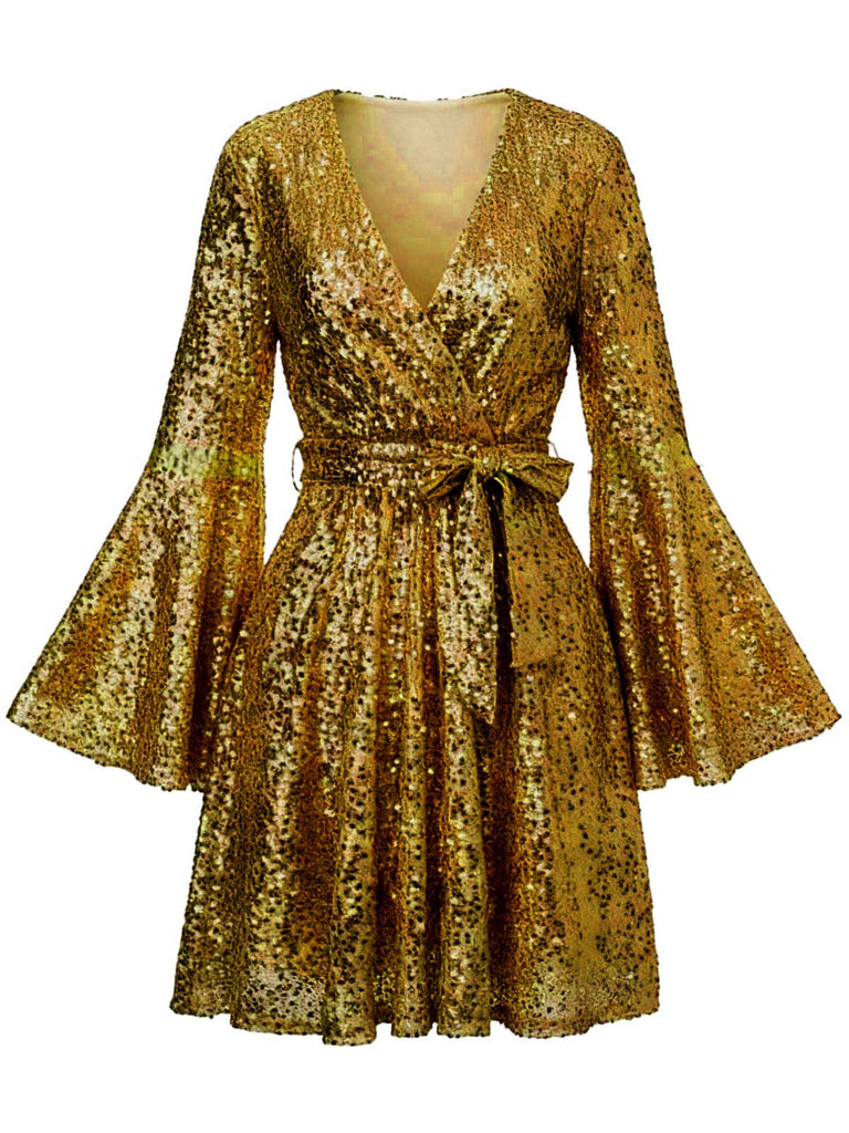 1970s V-Neck Flare Sleeve Sequined Disco Dress