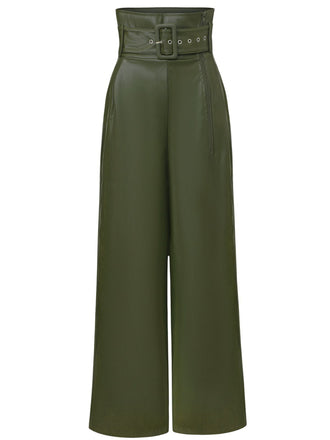 1940s High-Waist Metal Belt PU Leather Wide-Leg Pants