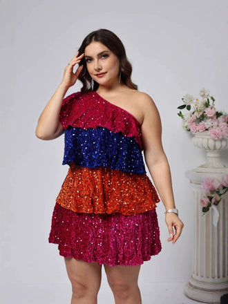 [Plus Size] 1970s One-Shoulder Sequin Tiered Dress
