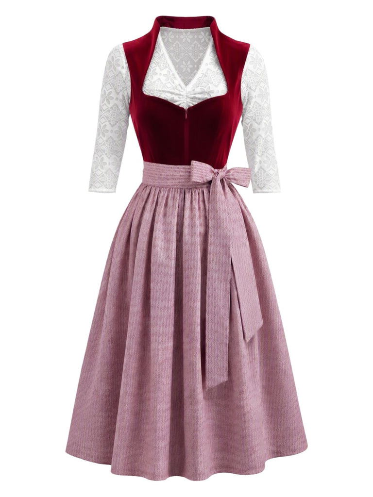 Burgundy 1950s Velvet Sweetheart Neck Dress & Apron & White Top