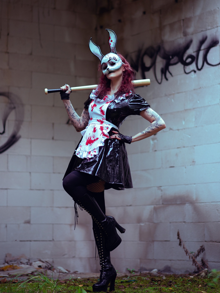 Black 1950s Halloween Patent Bloody Maid Dress