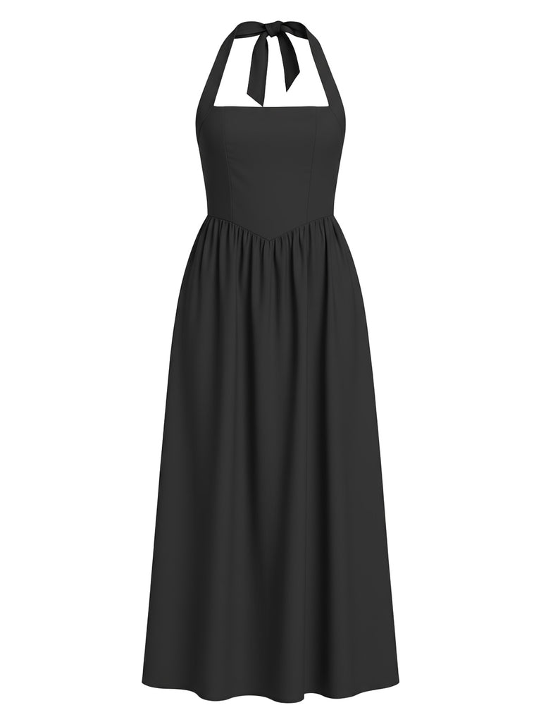 1940s Solid Wide-Strap Halter Backless Dress