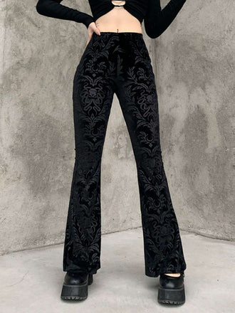Black 1980s Punk Vine Print Velvet Bootcut Pants
