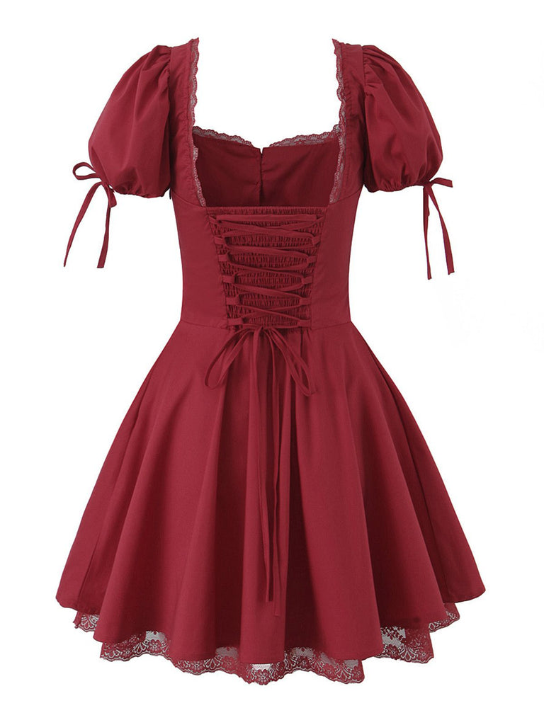 Red 1960s Solid Puff Sleeve Lace-up Dress