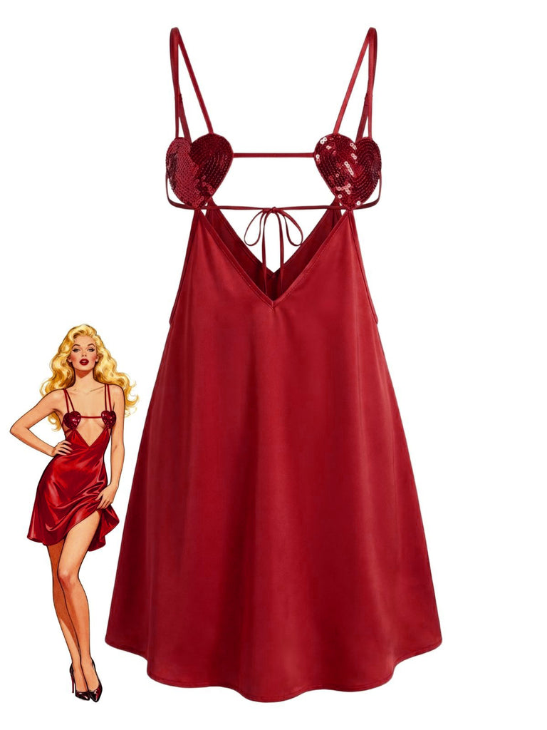 1960s Solid Satin Sequined Heart Sexy Cami Nightgown