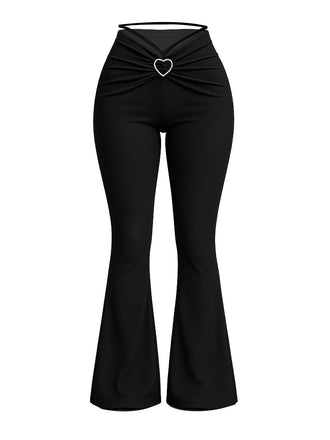 Black 1950s Heart Rhinestone Ruched Bootcut Pants