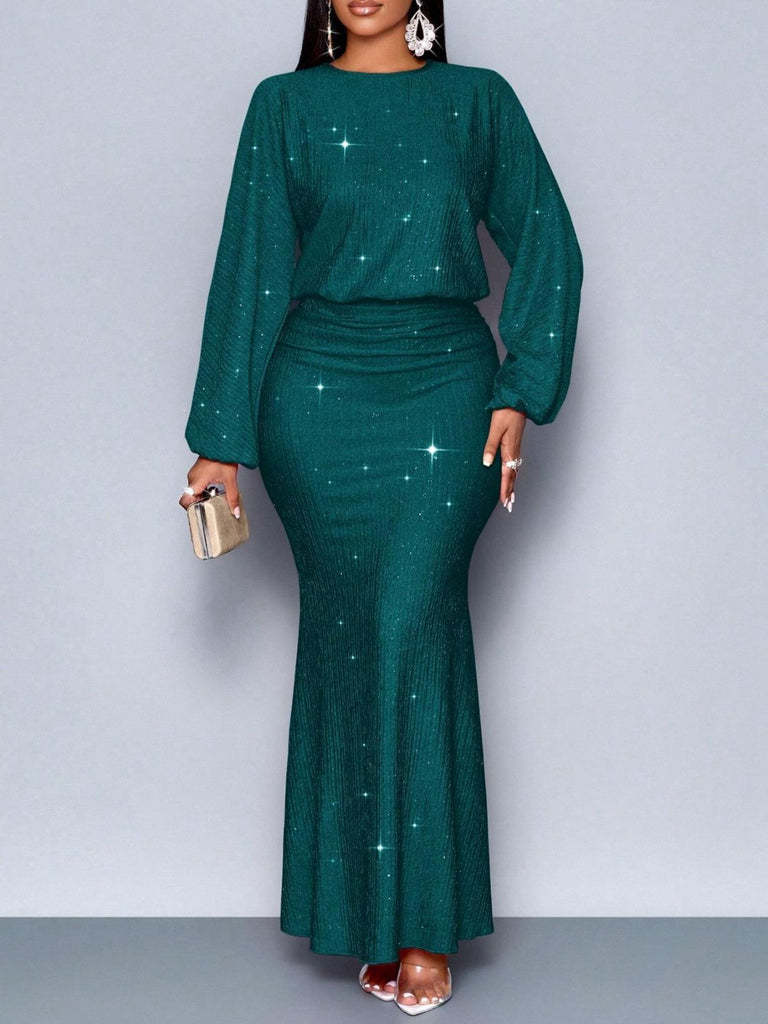1930s Glitter Ruched Lantern Sleeve Knit Fishtail Dress