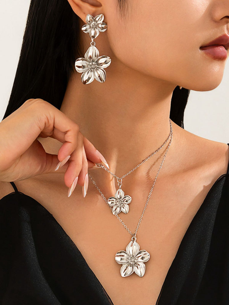 Floral Double Clavicle Necklace & Earrings Set