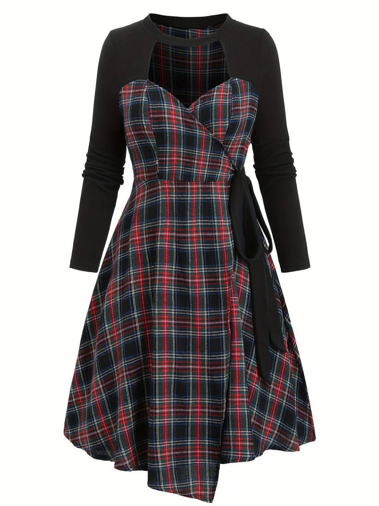 [Plus-Size] Black 1940s Cutout Plaid Patchwork Dress