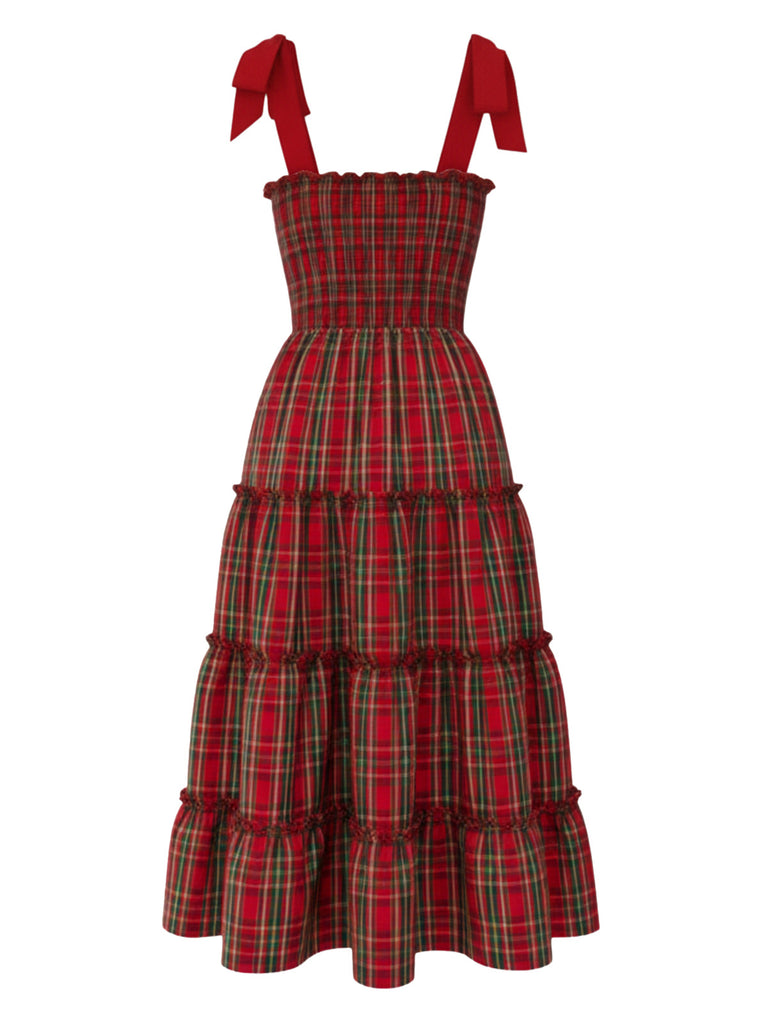 Red 1940s Christmas Plaid Lace-Up Dress