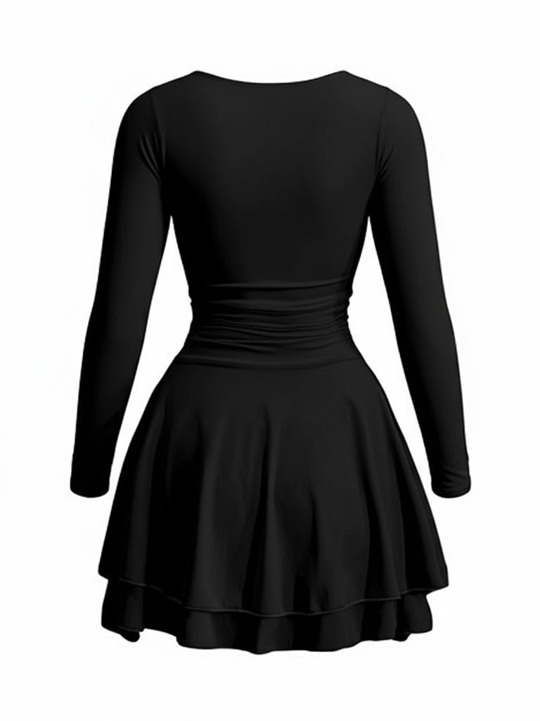 1980s Solid Fitted Square Neck Long Sleeve Dress