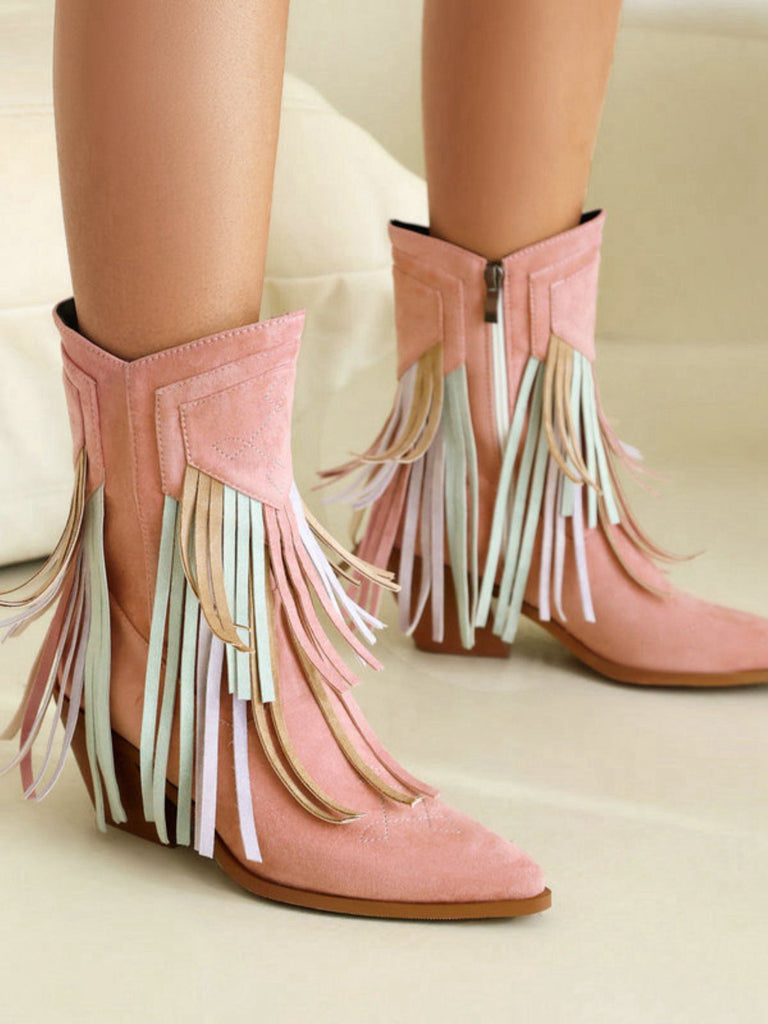 Vintage Tassel Mid Heel Flannelette Boots