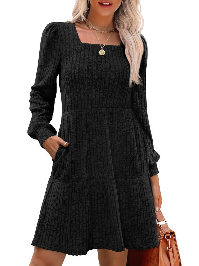 1950s Solid Ribbed Square Neck Long-Sleeve Dress