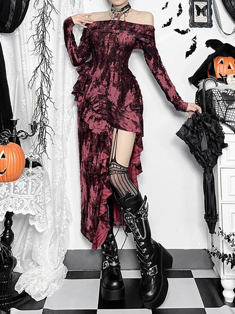 Dark Red 1980s Off Shoulder Distressed Dress