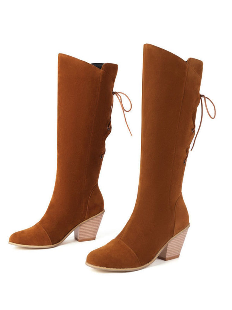 Suede Knee Lace-Up Block Heel Boots