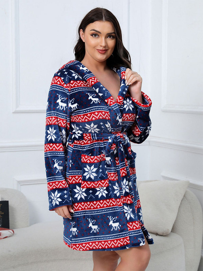 [Plus Size] 1950s Winter Print Plush Hooded Robe