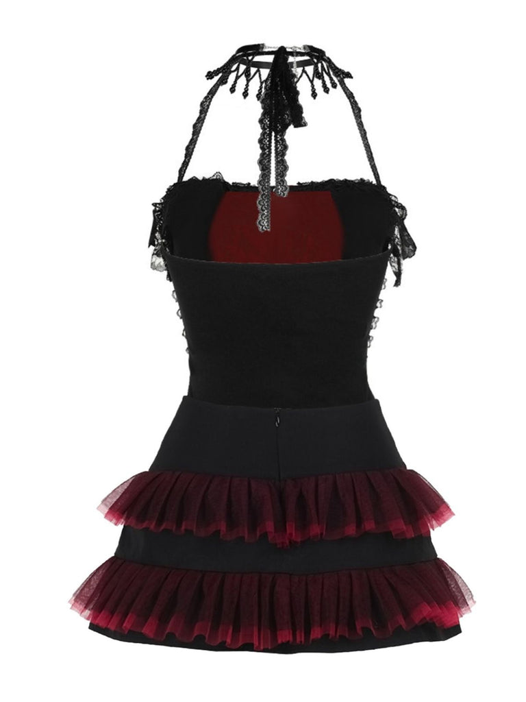 2PCS Black 1980s Gothic Steampunk Halter Cross Camisole & Mini Skirt