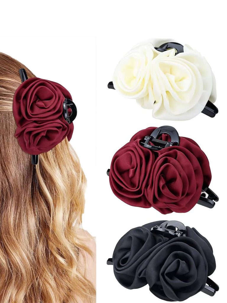 Valentine's Day 3D Floral Rose Satin Hair Claw Clip