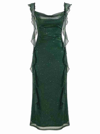 Green 1920s Sparkle Mesh Ruffle Backless Dress