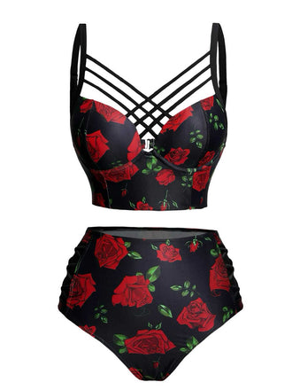 Black 1980s Strap Roses Gothic Bikini Set