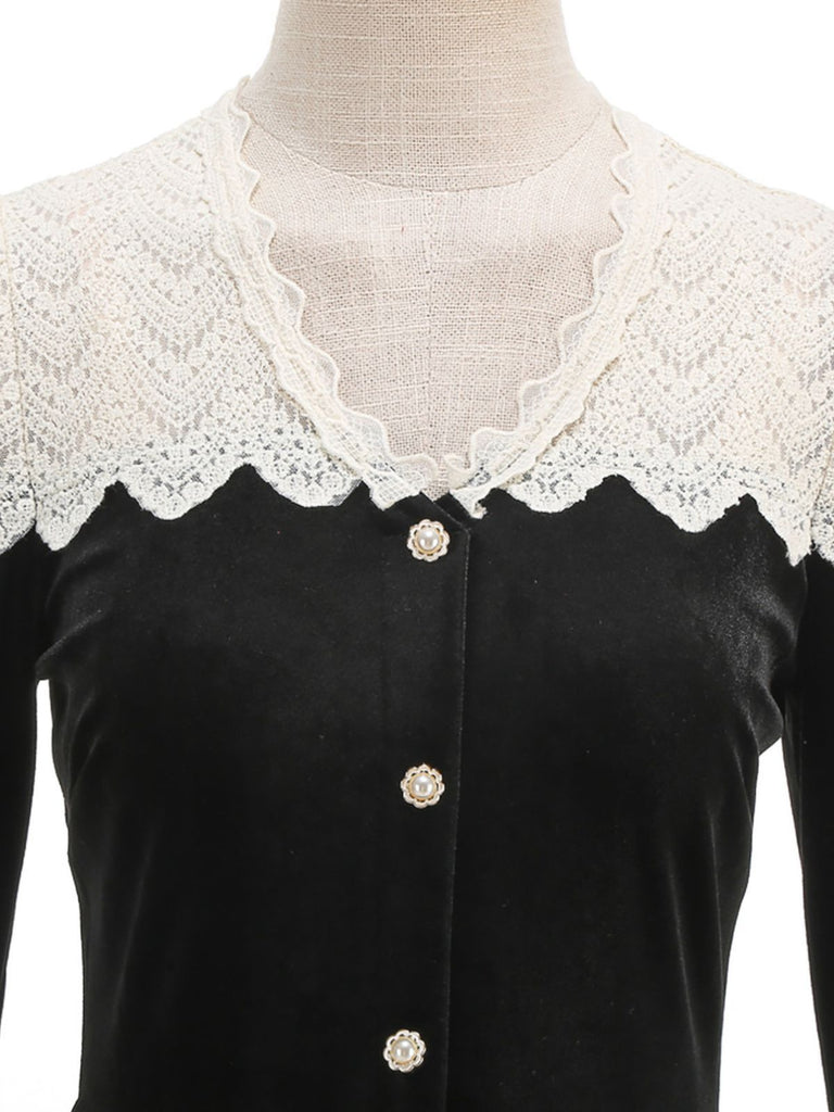 Black 1950s Velvet  Knitted Collar Pearl Button Dress