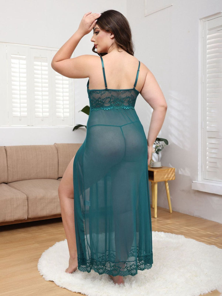 [Plus Size] 1930s Mesh Lace Suspenders Slit Nightgown