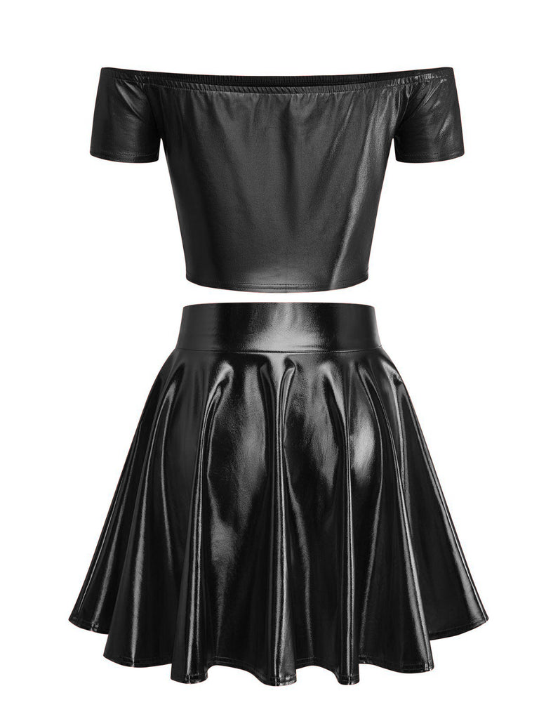 2PCS Metallic 1970 Disco Off-Shoulder Top & Pleated Skirt