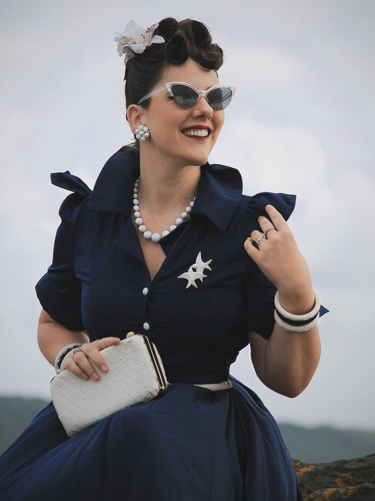 Blue 1940s Solid Short Sleeves Lapel Dress