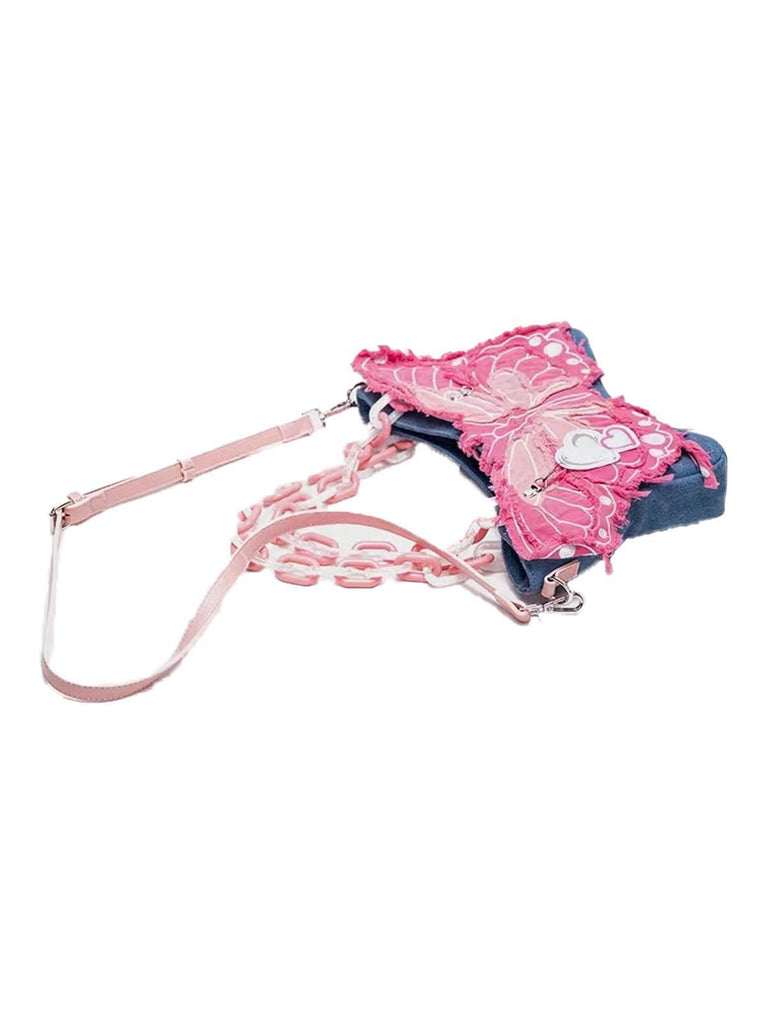 Pink Ripped Denim 3D Butterfly Novelty Bag