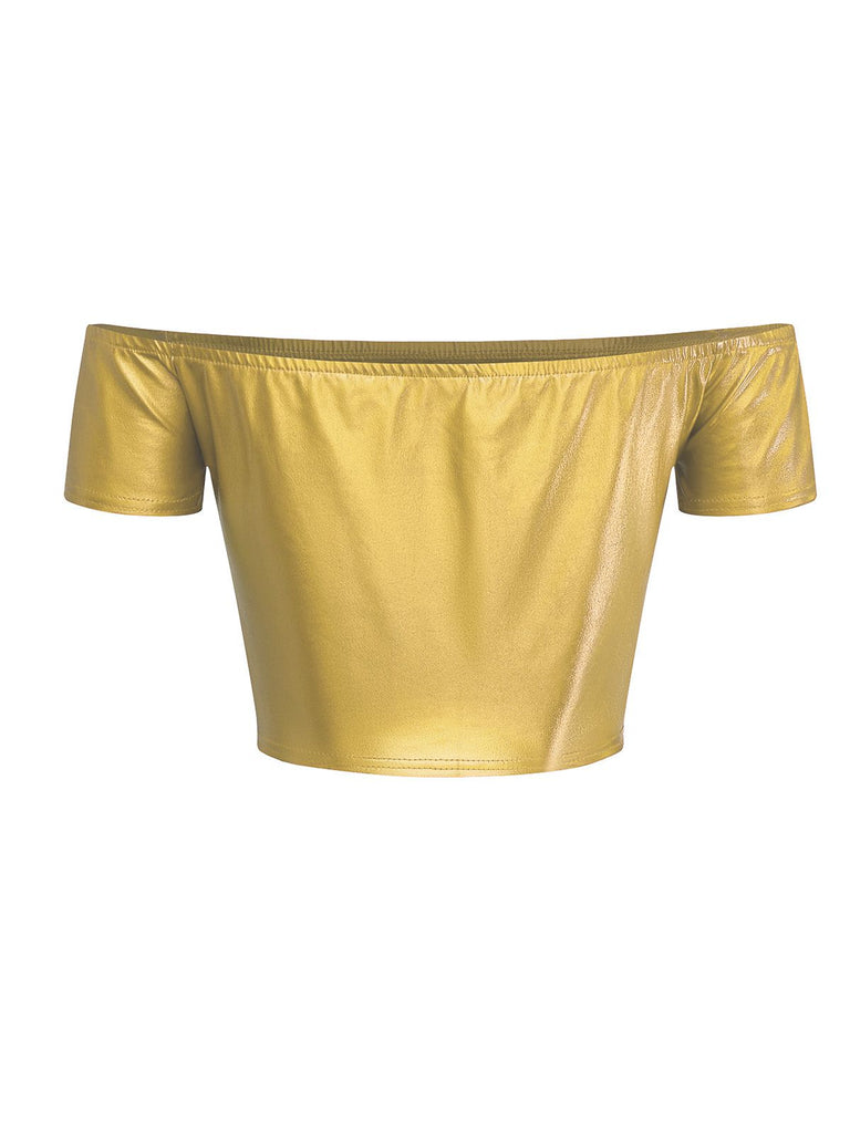1970s Disco Metallic Off-Shoulder Short Sleeve Top