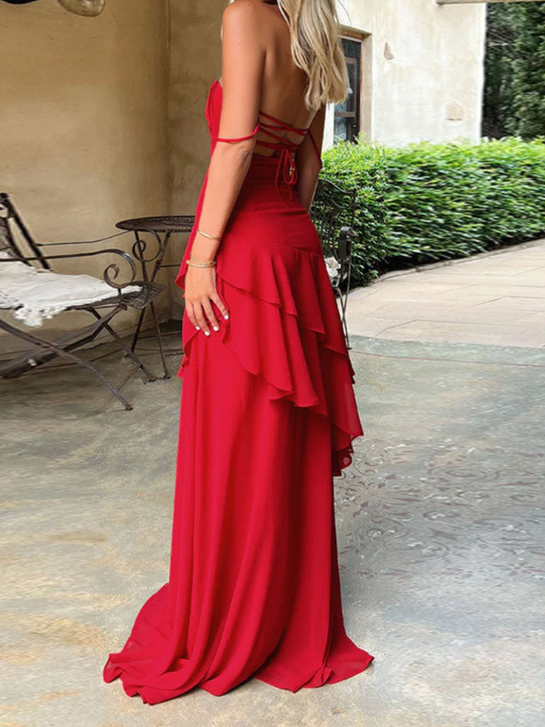 Red 1930s Solid Holiday Ruffle Backless Cami Dress