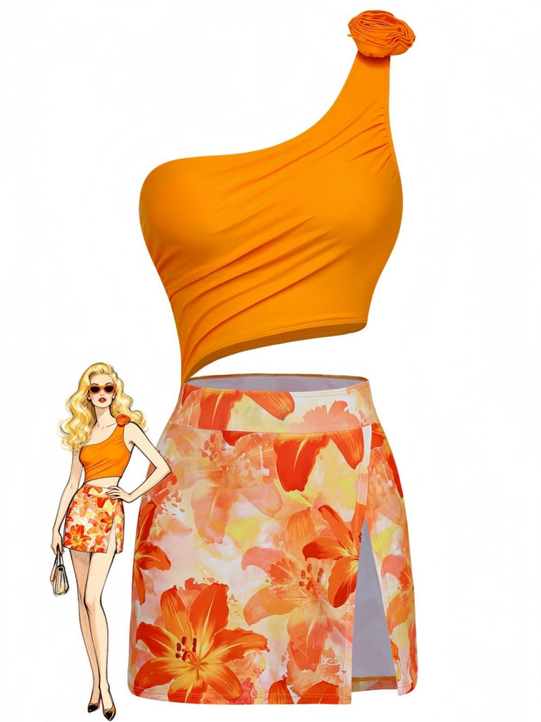 1940s 3D Floral One-Shoulder One-Piece Swimdress