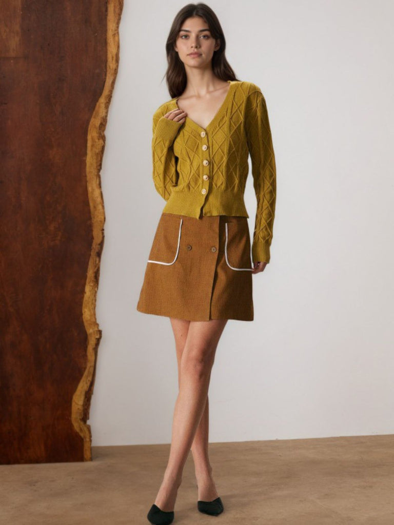 Brown 1980s Button Pocket High Waist A-Line Skirt