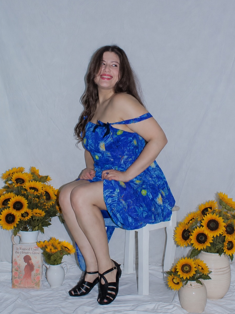 Blue 1940s Square Neck Starry Night Bow Swing Dress