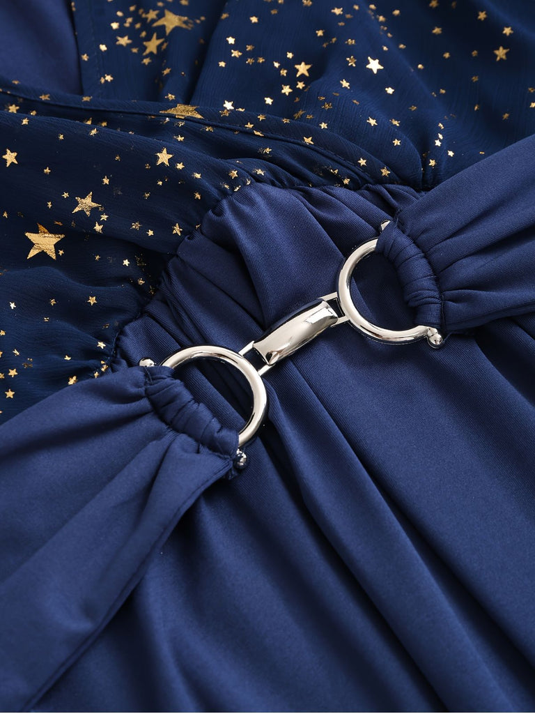 [Plus Size] Navy Blue 1970s Star Print Ruffle Flounce Sleeve Dress