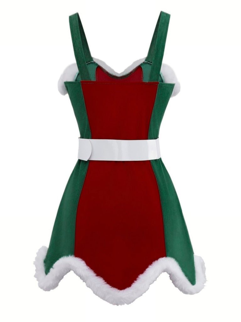Red & Green 1960s Christmas Plush Trim Dress Set