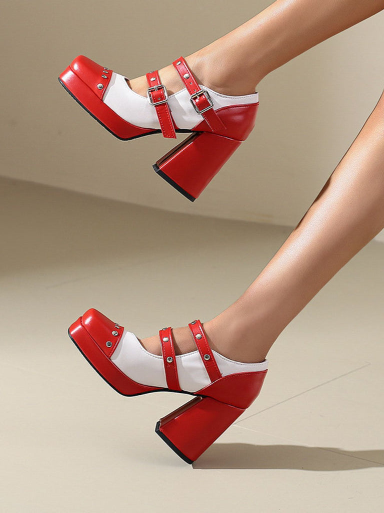 Mary Jane Studded Square Toe Block Heel Shoes