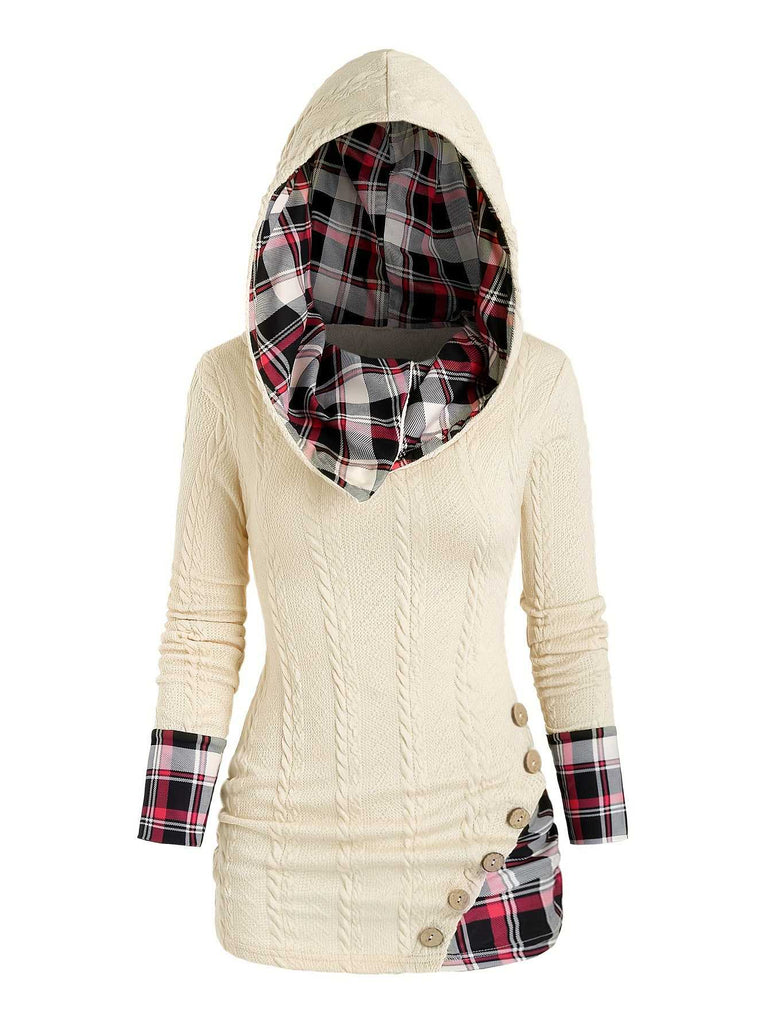 1940s Knit Plaid Button Hooded Sweater