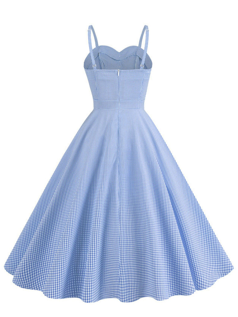 1950s Spaghetti Strap Plaids Button Swing Dress