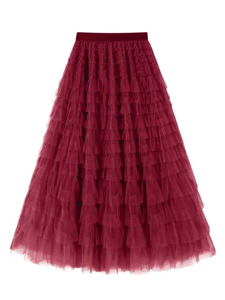 1940s Tiered Mesh Ruffle A-Line Solid Skirt